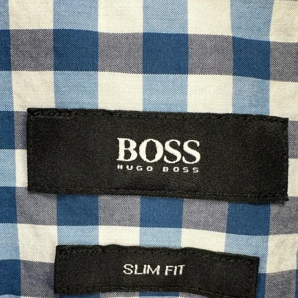 Boss Hugo Boss Shirt Button Up Mens Large Blue White Check Slim Fit Long Sleeve